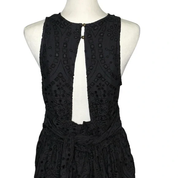 Anthropologie Maeve Eyelet Faux Wrap Midi Dress Size 10 Black Self Tie Belt - Picture 9 of 14